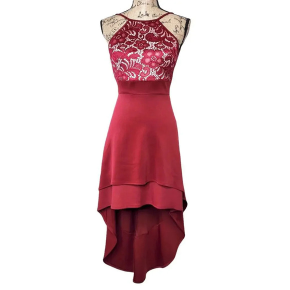 SWEET STORM Sleeveless Tiered High Low Satin Gown Prom Dress Size Small Burgundy - Picture 1 of 13